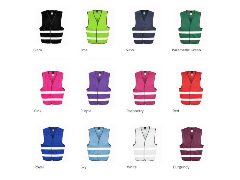 Op de afbeelding: Een set van 12 veiligheidsvesten in verschillende kleuren, waaronder zwart, limoen, marine, groen, roze, paars, framboos, rood, koninklijk blauw, hemelsblauw, wit en bordeauxrood. Elk vest heeft twee reflecterende witte strepen over de borst.