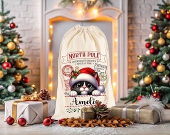 Custom Christmas Bag, Christmas Gift Bag, Personalised Christmas Gift Sack, Cat Christmas Santa Sack, Personalised Santa Bag