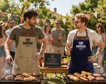 King of The Barbeque Personalised Faux Leather Trim Apron with Pockets, Custom Barbeque Apron for Men with Name, Gift For Him/ Dad/ Husband