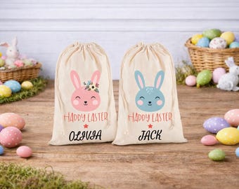 Personalised Easter Egg Hunt Bag with Name, Custom Bunny Easter Sack for Kids, Drawstring Cotton Treat Gift