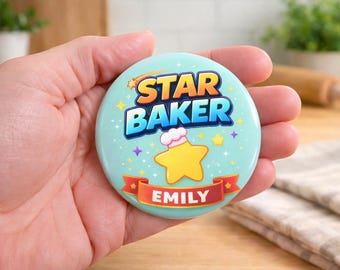 Star Baker-badge voor kinderen | Gepersonaliseerde bakbadge | Kookfeestgunst | Beloningsknop voor kinderen | Aangepaste naambadge | Badge van 58 mm