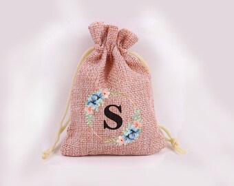 Personalized Burlap Bags, Floral Wreath Initial Printed Hessian Drawstring Bag, Favor Bags, Gift Bags, Pouches, Wedding, Hen Party, Birthday