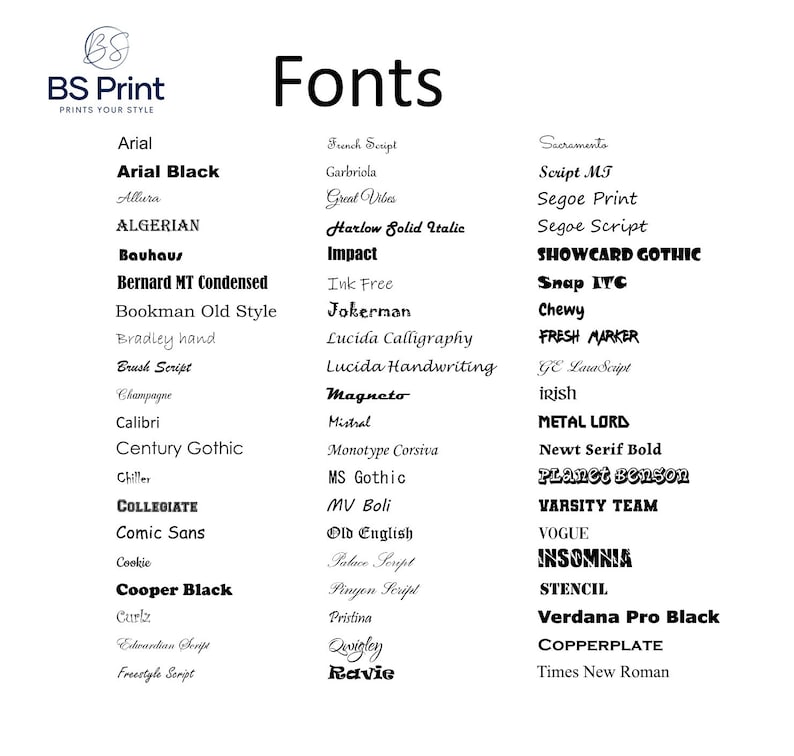 Puede incluir: Una lista de fuentes en texto negro sobre fondo blanco. Las fuentes est&aacute;n organizadas en dos columnas. El t&iacute;tulo "Fonts" est&aacute; en la parte superior de la lista.