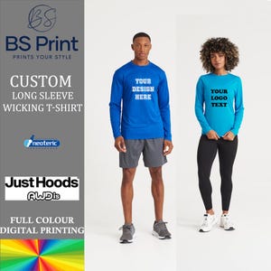 May include: Two long-sleeved shirts, one blue and one turquoise, with the text "YOUR DESIGN HERE" and "YOUR LOGO TEXT" printed on them. The shirts are modelled by two people, one wearing grey shorts and the other wearing black leggings.