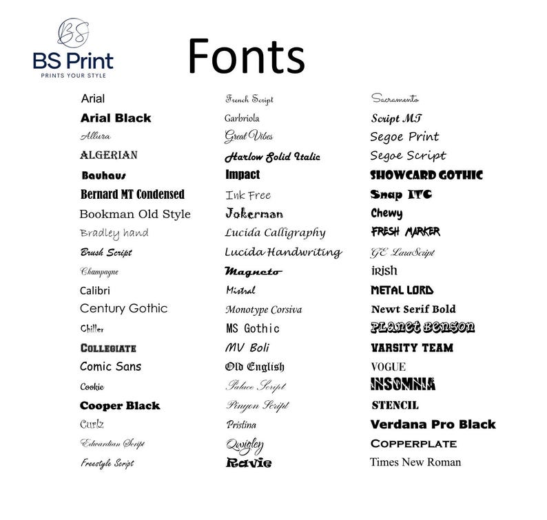 Op de afbeelding: Een verscheidenheid aan lettertypen, waaronder Arial, Impact en Times New Roman, wordt weergegeven tegen een witte achtergrond. Het woord "Fonts" staat bovenaan. Het BS Print-logo staat linksboven.