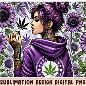 May include: A purple-haired woman with tattoos and a purple hoodie, holding a marijuana leaf. The hoodie has a marijuana leaf design on the back. The background is a purple and white floral pattern.