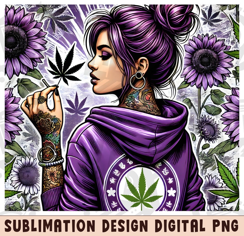 May include: A purple-haired woman with tattoos and a purple hoodie, holding a marijuana leaf. The hoodie has a marijuana leaf design on the back. The background is a purple and white floral pattern.