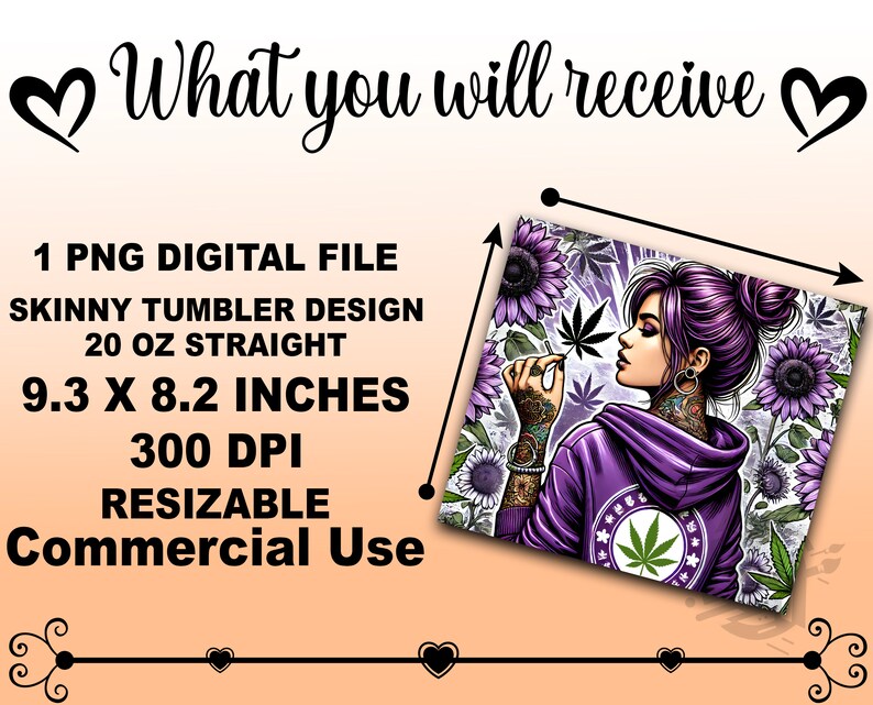 May include: A digital design featuring a purple-haired woman with tattoos, holding a marijuana leaf. The design is surrounded by purple sunflowers and is suitable for a 20 ounce skinny tumbler. The design is 9.3 inches by 8.2 inches and 300 DPI.