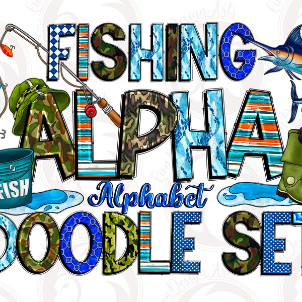 Fishing Doodle Alphabet Set PNG, Digital Download, Fishing Alphabet PNG, Bass Fishing, Sublimation, Fishing Alphabet Png, Fisherman Alphabet