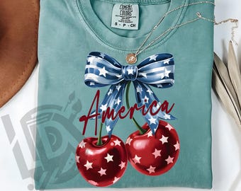 Retro America Coquette Png, Cherry Coquette Bow Png, Trendy America Png, 4th of July Png, Memorial Day Png, Girly USA Png, Retro Shirt Png
