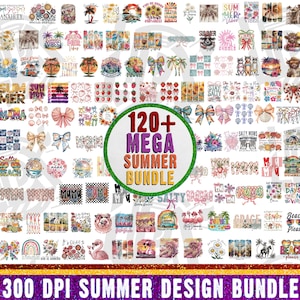 Puede incluir: Un collage de más de 120 diseños con temática de verano, que presenta una variedad de ilustraciones coloridas, texto y patrones. Los diseños incluyen frases como "Salty Moms", "Summer Vibes" y "Better Days". El texto "120+ Mega Summer Bundle" se muestra en un círculo morado.
