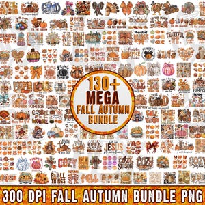 Puede incluir: Un conjunto de gráficos digitales con temática otoñal, que incluyen calabazas, hojas y frases de temporada. La imagen presenta el texto "130+ MEGA FALL AUTUMN BUNDLE" y "300 DPI FALL AUTUMN BUNDLE PNG".