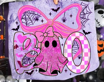 May include: A purple and pink Halloween-themed design featuring the word "BOO" with a ghost and bow. The ghost has a floral pattern. The design includes bats, spiders, and spiderwebs. The text "300 DPI SUBLIMATION DESIGN PNG" is at the bottom.