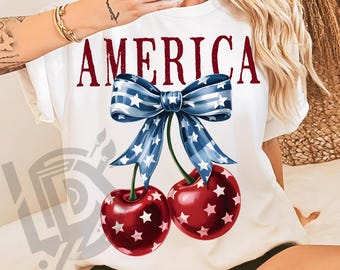Retro America Coquette Png, Cherry Coquette Bow Png, Trendy America Png, 4th of July Png, Memorial Day Png, Girly USA Png, Retro Shirt Png