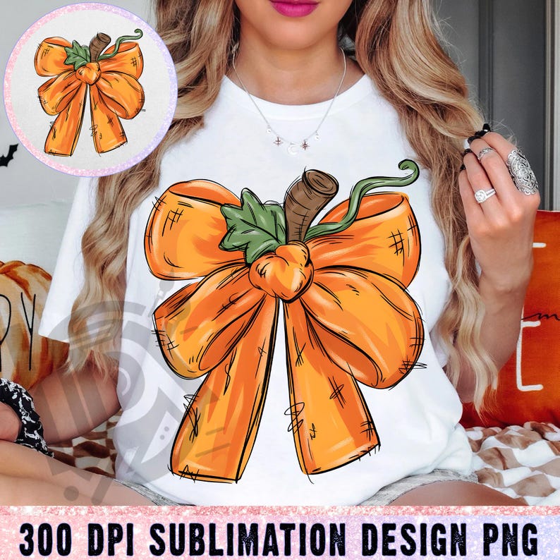 May include: White t-shirt with a large orange bow design, stem, and green leaf. The bow has a sketched look with crosshatch details. A smaller circular version of the bow is in the upper left. The text "300 DPI SUBLIMATION DESIGN PNG" is at the bottom.