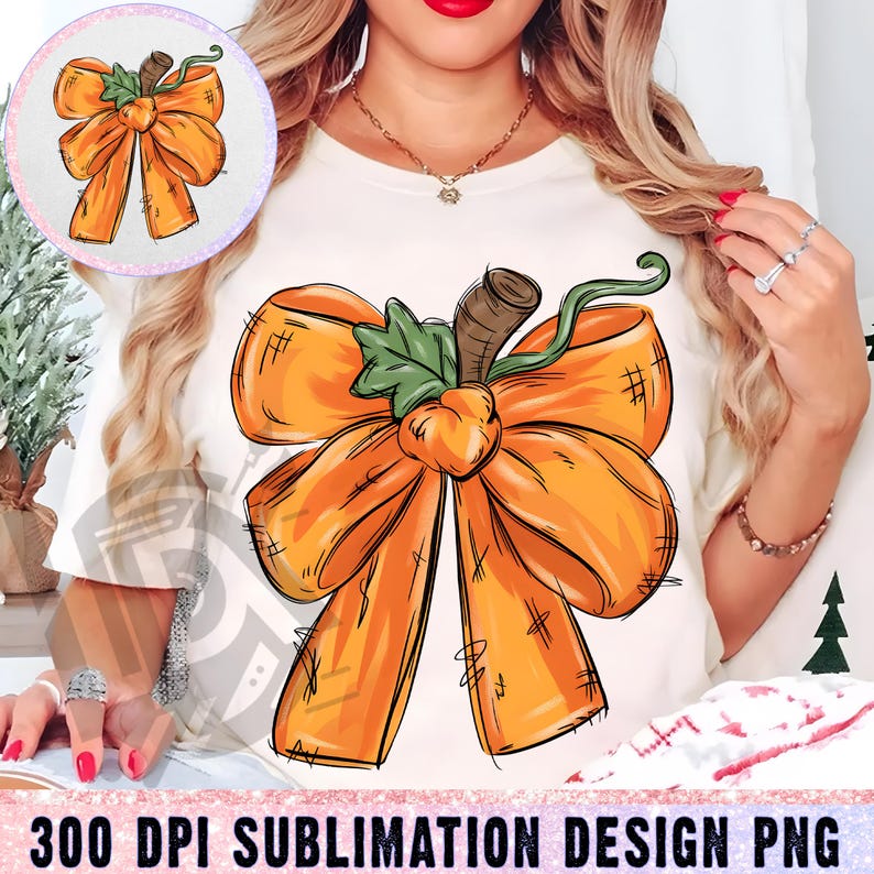 May include: A cream-coloured t-shirt with a large orange bow design, stem, and green leaf. The bow has a textured look with black outlines. The text "300 DPI SUBLIMATION DESIGN PNG" is at the bottom of the image.