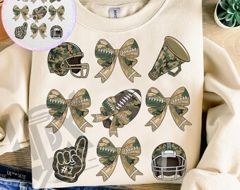 May include: Cream-colored sweatshirt with a collection of football-themed graphics. Includes a football, helmet, bows, a megaphone, and a foam finger. The graphics feature a camouflage pattern. The text at the bottom reads "300 DPI SUBLIMATION DESIGN PNG".