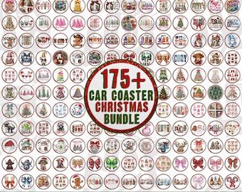 May include: A bundle of over 175 Christmas car coasters, each with a unique festive design. The coasters showcase Christmas trees, bows, snowmen, and holiday phrases. The image includes the text "175+ CAR COASTER CHRISTMAS BUNDLE".