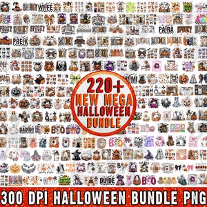 May include: A digital collection of over 220 Halloween-themed graphic designs featuring ghosts, pumpkins, skulls, and bats, with text overlays like 220+ NEW MEGA HALLOWEEN BUNDLE and 300 DPI HALLOWEEN BUNDLE PNG, presented in a grid layout.