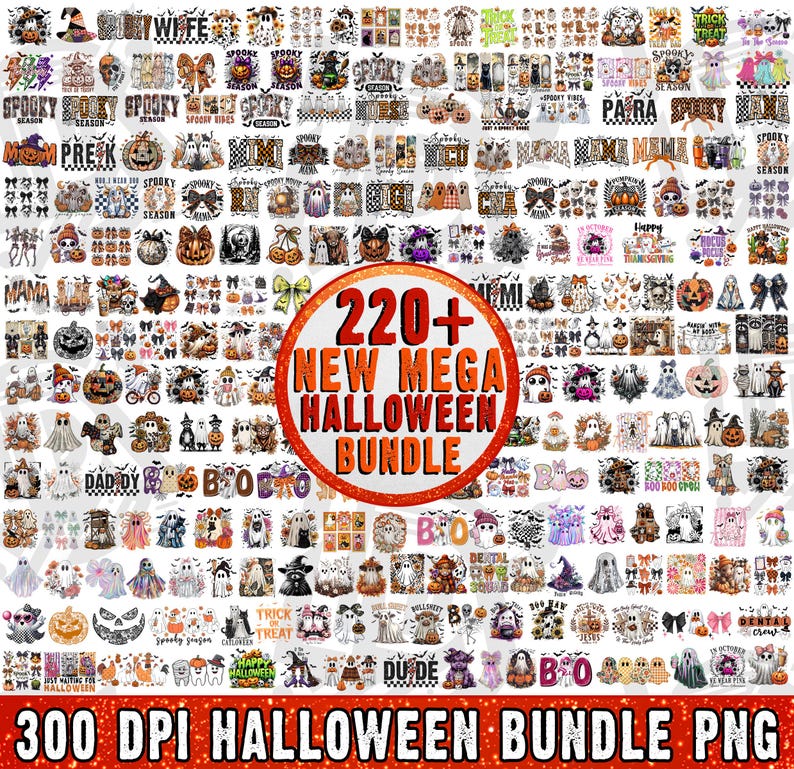 May include: A digital collection of over 220 Halloween-themed graphic designs featuring ghosts, pumpkins, skulls, and bats, with text overlays like 220+ NEW MEGA HALLOWEEN BUNDLE and 300 DPI HALLOWEEN BUNDLE PNG, presented in a grid layout.