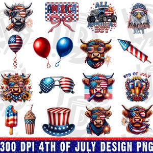 May include: A collection of patriotic 4th of July designs. Includes images of a cow wearing sunglasses, balloons, a monster truck, an eagle, fireworks, and a top hat. The text "AMERICA", "ALL AMERICAN BOY", and "4TH OF JULY" are also present.