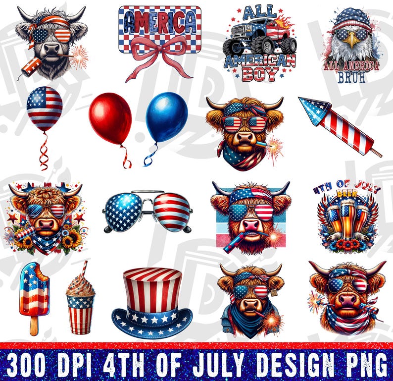 May include: A collection of patriotic 4th of July designs. Includes images of a cow wearing sunglasses, balloons, a monster truck, an eagle, fireworks, and a top hat. The text "AMERICA", "ALL AMERICAN BOY", and "4TH OF JULY" are also present.
