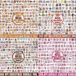 Puede incluir: Una colección de paquetes de gráficos digitales para otoño, Halloween, Navidad y concienciación sobre el cáncer de mama. Cada paquete está etiquetado con el número de gráficos incluidos, como "130+ MEGA FALL AUTUMN BUNDLE". Los gráficos están en formato PNG.