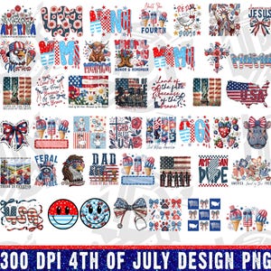 May include: A collection of patriotic designs in red, white, and blue, perfect for the 4th of July. The designs include text, illustrations of the American flag, ice cream cones, and other festive elements. The text "300 DPI 4TH OF JULY DESIGN PNG" is also visible.