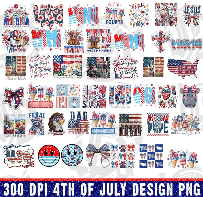 May include: A collection of patriotic designs in red, white, and blue, perfect for the 4th of July. The designs include text, illustrations of the American flag, ice cream cones, and other festive elements. The text "300 DPI 4TH OF JULY DESIGN PNG" is also visible.