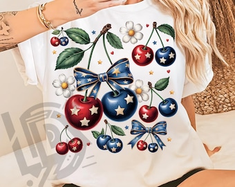 Retro America Coquette Png, Cherry Coquette Bow Png, Trendy America Png, 4th of July Png, Memorial Day Png, Girly USA Png, Retro Shirt Png