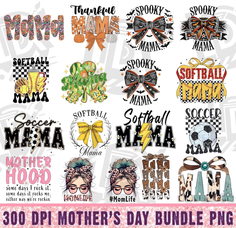 Pu&ograve; includere: Un download digitale di 10 design a tema Festa della Mamma con vari sport, hobby e attivit&agrave;. I design includono testo come "Softball Mama", "Soccer Mama", "Spooky Mama" e "Thankful Mama".