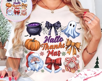 May include: A cream t-shirt with a vibrant graphic combining Halloween, Thanksgiving, and Christmas imagery. The design includes a cauldron, ghost, pumpkin, bow, Santa Claus, and a gift box. Text reads "Hallo Thanks Mas".