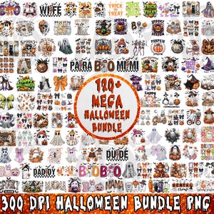 May include: A digital collection of over 120 Halloween-themed graphic designs featuring ghosts, pumpkins, skulls, and festive text. The images include various illustrations of spooky characters, seasonal motifs, and typography, all presented in a grid layout with a central orange circle containing the text 120+ MEGA HALLOWEEN BUNDLE.