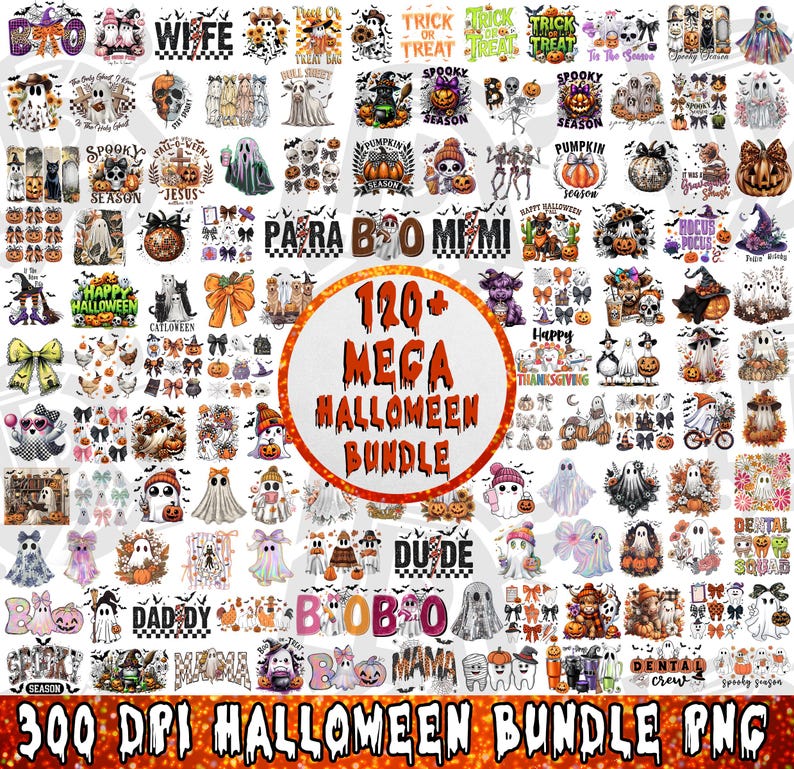 May include: A digital collection of over 120 Halloween-themed graphic designs featuring ghosts, pumpkins, skulls, and festive text. The images include various illustrations of spooky characters, seasonal motifs, and typography, all presented in a grid layout with a central orange circle containing the text 120+ MEGA HALLOWEEN BUNDLE.
