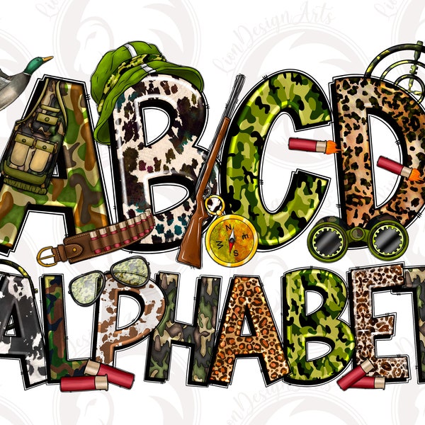 Jagd Doodle Alphabet Buchstaben PNG, Bundle, Camo Green Camouflage, Armee Buchstaben, Handgezeichnetes Gekritzel, Sublimation Alpha Set Designs PNG