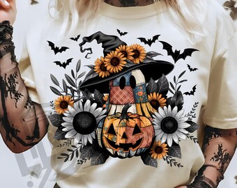Patchwork Ghost Png, Spooky Ghost Png, Ghost With Black Witch Hat Png, Halloween Ghost Png, Spooky Season Png, Patchwork Halloween Png