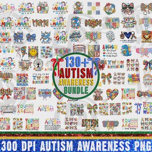 May include: A digital collection of 130+ autism awareness designs featuring colorful puzzle pieces, bows, hearts, rainbows, and text graphics. The central circular graphic displays the text 130+ AUTISM AWARENESS BUNDLE.