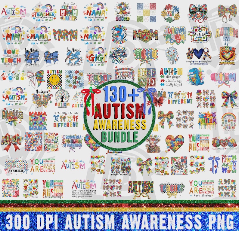 May include: A digital collection of 130+ autism awareness designs featuring colorful puzzle pieces, bows, hearts, rainbows, and text graphics. The central circular graphic displays the text 130+ AUTISM AWARENESS BUNDLE.