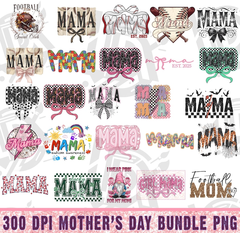 Pu&ograve; includere: Un download digitale di 20 design grafici a tema Festa della Mamma con la parola "Mama" in vari stili e colori. I design includono una variet&agrave; di temi come il calcio, il baseball, la consapevolezza dell'autismo e gli gnomi. I design sono a 300 DPI e sono perfetti per creare t-shirt, tazze, borse a tracolla e altri lavoretti.