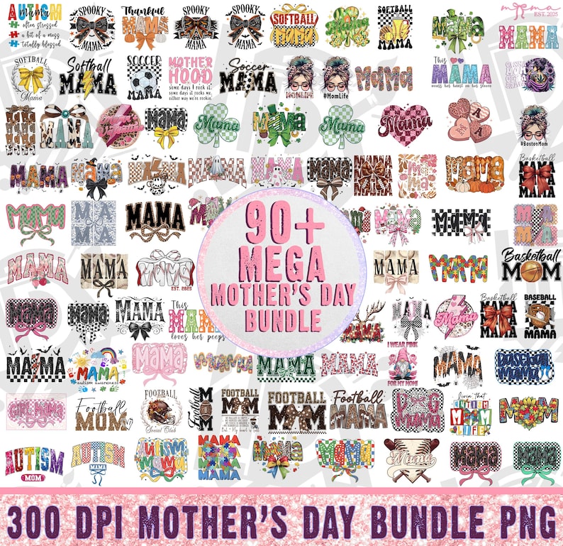 Pu&ograve; includere: Un download digitale di oltre 90 design per la Festa della Mamma in formato PNG. I design presentano una variet&agrave; di temi, tra cui sport, animali e hobby. I design sono a 300 DPI e sono perfetti per creare t-shirt, tazze, borse e altri oggetti artigianali.