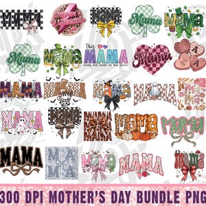 Pu&ograve; includere: Un pacchetto di download digitale di 25 grafiche a tema Festa della Mamma con la parola "Mama" in vari stili e colori. Le grafiche includono motivi a scacchi, stampa leopardata, cuori, fiocchi e altri elementi decorativi.