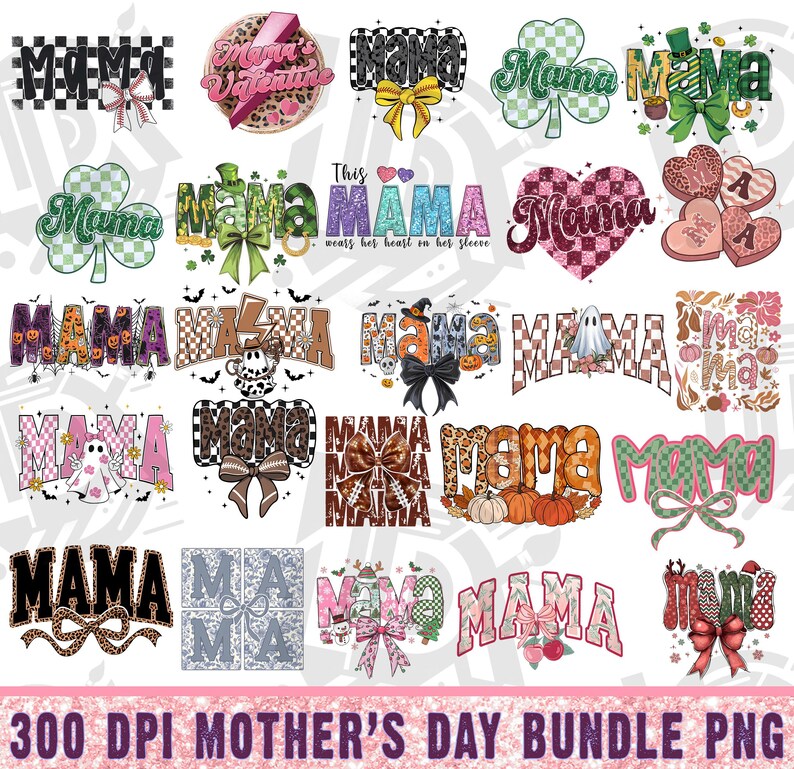 Pu&ograve; includere: Un pacchetto di download digitale di 25 grafiche a tema Festa della Mamma con la parola "Mama" in vari stili e colori. Le grafiche includono motivi a scacchi, stampa leopardata, cuori, fiocchi e altri elementi decorativi.