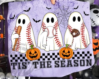 May include: A light purple Halloween-themed design featuring three baseball-shaped ghosts with baseball bats, balls, and gloves. The ghosts are positioned above orange jack-o'-lanterns, with bats and a spiderweb in the background. The text "TIS' THE SEASON" is displayed at the bottom.