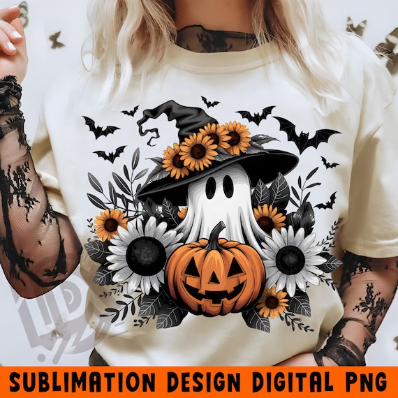 Cute ghost png, Sublimation Design Digital Download, Ghost with Black witch hat png, Halloween png, Ghost png, Halloween ghost png, Pumpkin