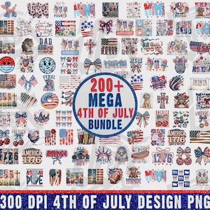 May include: A digital collection of over 200 patriotic 4th of July themed graphic designs featuring American flags, eagles, fireworks, and text elements like 1776 and America, presented as a large bundle of 300 DPI PNG files.