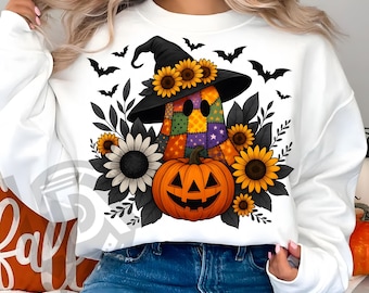 Patchwork Ghost Png, Spooky Ghost Png, Ghost With Black Witch Hat Png, Halloween Ghost Png, Spooky Season Png, Patchwork Halloween Png