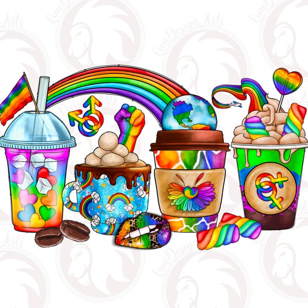 LGBTQ Pride Coffee Cups Png, Rainbow Coffee Png, Sublimation Design Download, LGBT Png, LGBTQ+ Png, Pride Png, Coffee Cups, Digital Download