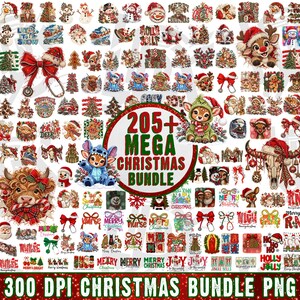 May include: A digital collection of over 205 Christmas-themed graphic illustrations featuring Santa Claus, reindeer, snowmen, highland cows, and festive text. The central circular graphic displays the text 205+ MEGA CHRISTMAS BUNDLE.