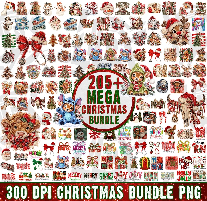 May include: A digital collection of over 205 Christmas-themed graphic illustrations featuring Santa Claus, reindeer, snowmen, highland cows, and festive text. The central circular graphic displays the text 205+ MEGA CHRISTMAS BUNDLE.