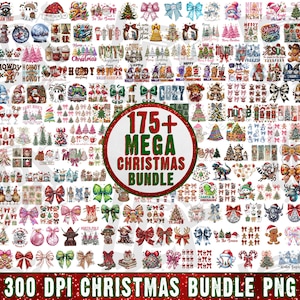 May include: A digital collection of 175+ Christmas-themed graphic designs featuring illustrations of Santa Claus, gnomes, reindeer, bows, trees, and festive text. The central red-bordered circle displays the text 175+ MEGA CHRISTMAS BUNDLE.